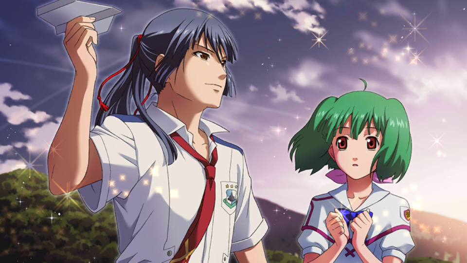 1boy, 1girl, ahoge, blue_hair, brown_eyes, game_cg, green_hair, holding, holding_paper_airplane, long_hair, macross, macross_frontier, mihoshi_academy_school_uniform, necktie, official_art, outdoors, paper_airplane, ponytail, ranka_lee, saint_mary's_academy_school_uniform, saotome_alto, school_uniform, short_hair, uta_macross_sumaho_deculture