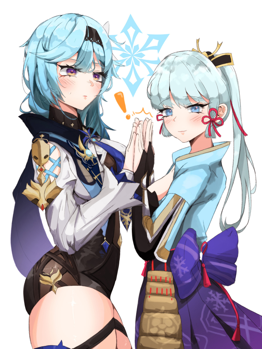 !, 2girls, armor, ayaka_(genshin_impact), blue_hair, blunt_bangs, blush, cape, cowboy_shot, dress, eula_(genshin_impact), fingerless_gloves, from_side, genshin_impact, gloves, hair_ornament, hair_ribbon, half-closed_eyes, highres, holding_hands, japanese_armor, japanese_clothes, leotard, looking_at_viewer, multiple_girls, ponytail, ribbon, sic_lazy_jung, simple_background, smile, standing, sweatdrop, thighhighs, white_background, white_hair