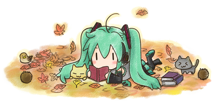 >_<, :3, aqua_hair, autumn, bad_id, bad_pixiv_id, bird, book