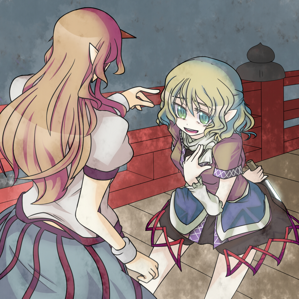 2girls, blonde_hair, bridge, female_focus, green_eyes, horns, hoshiguma_yuugi, knife, long_hair, mizuhashi_parsee, monomi, monomi_(artist), multiple_girls, pointy_ears, scarf, skirt, touhou, yandere