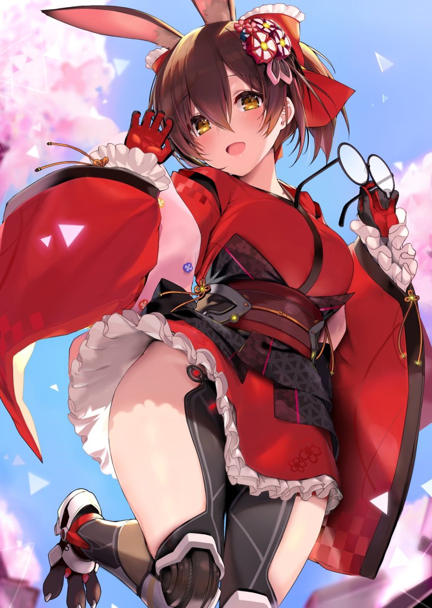 1girl, android, animal_ears, black-framed_eyewear, blue_gk, blush, breasts, brown_hair