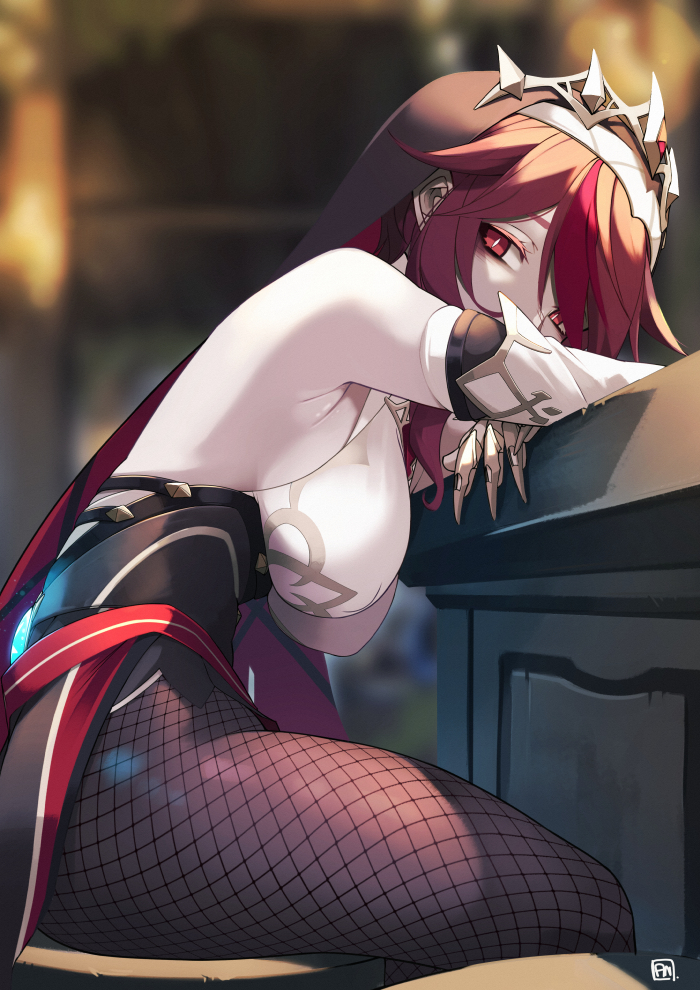 1girl, bags_under_eyes, breasts, fishnet_pantyhose, fishnets, gauntlets, genshin_impact, hanging_breasts, headpiece, looking_at_viewer, medium_breasts, multicolored_hair, num_(angrynum), nun, pale_skin, pantyhose, red_eyes, red_hair, rosaria_(genshin_impact), short_hair, slit_pupils, solo, streaked_hair