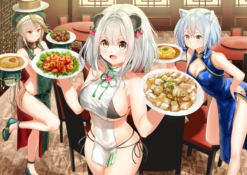 3girls, :d, absurdres, animal_ear_fluff, animal_ears, steamed_bun, bare_arms, bead_necklace