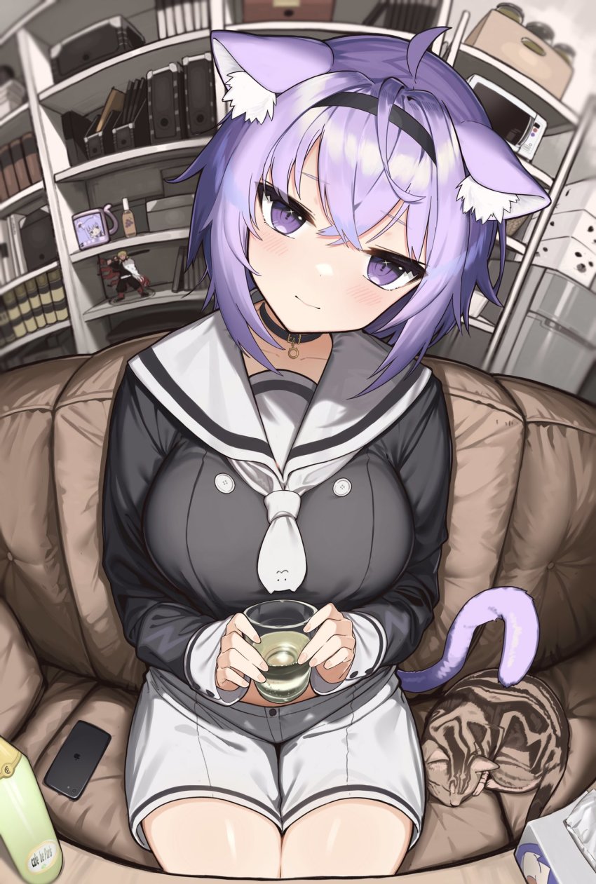 1girl, animal_ear_fluff, animal_ears, black_collar, black_hairband, black_shirt, blush, breasts