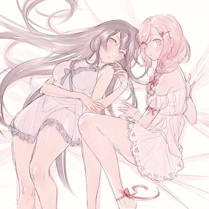 2girls, ankle_bow, ankle_ribbon, blue_dress, bow, braid, breasts, commentary, commission, dress, english_commentary, hair_behind_ear, hair_ornament, hairclip, heart, heart_hair_ornament, highres, leg_ribbon, long_hair, looking_at_viewer, lying, medium_breasts, multiple_girls, nini_yuuna, off-shoulder_dress, off_shoulder, on_bed, open_mouth, original, pink_bow, pink_eyes, pink_hair, ribbon, rui_(ruiaes), second-party_source, sitting, sketch, tsunderia, virtual_youtuber, white_dress, yoru_(ei1han)