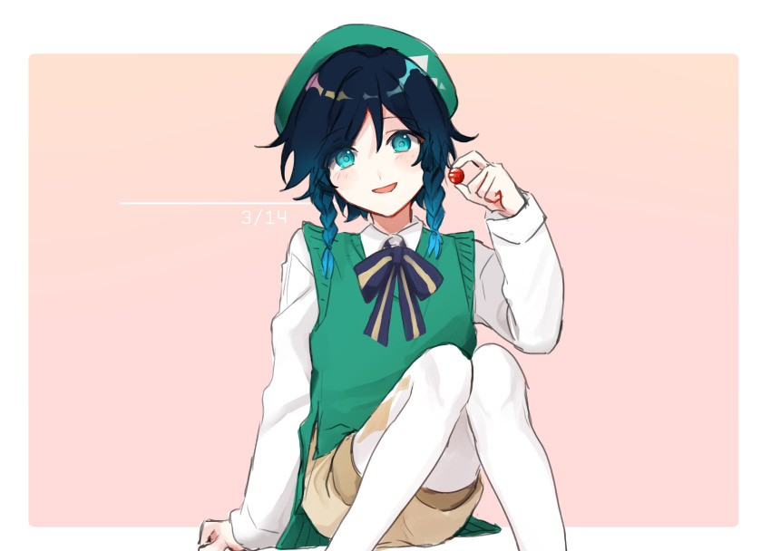 1boy, alternate_costume, androgynous, argyle_clothes, argyle_pantyhose, beret, black_hair, blue_hair, bow, braid, brown_shorts, collared_shirt, food, genshin_impact, gradient_hair, green_eyes, green_hat, hand_on_floor, hat, highres, holding, holding_food, long_sleeves, looking_at_viewer, male_focus, multicolored_hair, open_mouth, pantyhose, pba_471, pink_background, shirt, short_hair_with_long_locks, shorts, simple_background, sitting, smile, solo, sweets, twin_braids, venti_(genshin_impact), white_background, white_pantyhose, white_shirt