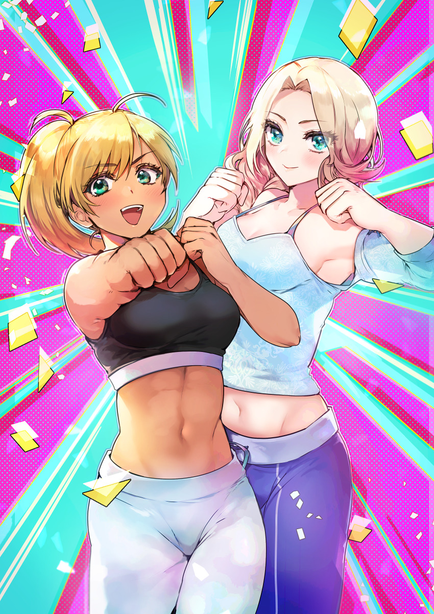 2girls, :d, absurdres, ahoge, armpits, bare_shoulders, black_sports_bra, blonde_hair