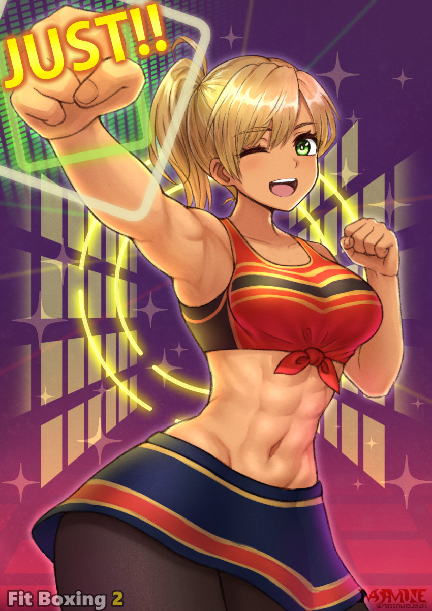 1girl, ;d, abs, armpits, artist_logo, bare_shoulders, black_pantyhose, blue_skirt, blush, breasts, clenched_hands, collarbone, commentary_request, copyright_name, cowboy_shot, crop_top, dark-skinned_female, dark_skin, fitness_boxing, gameplay_mechanics, groin, hair_between_eyes, high_ponytail, highres, large_breasts, logo, looking_at_viewer, martina_(fitness_boxing), masamune_oekaki, midriff, miniskirt, navel, one_eye_closed, open_mouth, pantyhose, ponytail, punching, purple_background, red_shirt, shirt, sidelocks, skirt, smile, solo, sparkle, sportswear, standing, teeth, tied_shirt, toned, twitter_username, upper_teeth_only