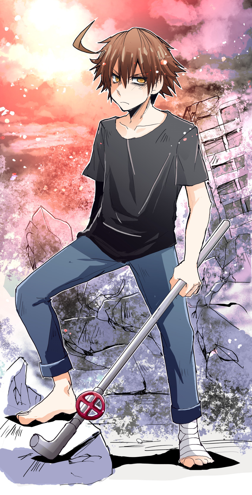 1boy, aa-2153, absurdres, ahoge, bags_under_eyes, barefoot, black_shirt, blue_pants