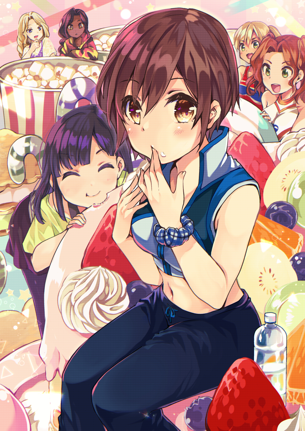 6+girls, :d, ^_^, bare_shoulders, black_hair, black_legwear, black_skirt, blue_eyes