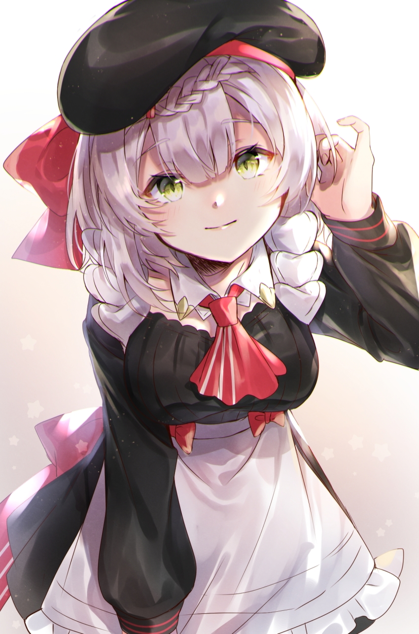 1girl, apron, beret, black_dress, black_hat, blush, bob_628, braid, braided_bangs, breasts, dress, genshin_impact, green_eyes, hat, highres, large_breasts, long_sleeves, looking_at_viewer, noelle_(genshin_impact), noelle_(kfc)_(genshin_impact), short_hair, smile, solo, waist_apron, white_apron, white_hair