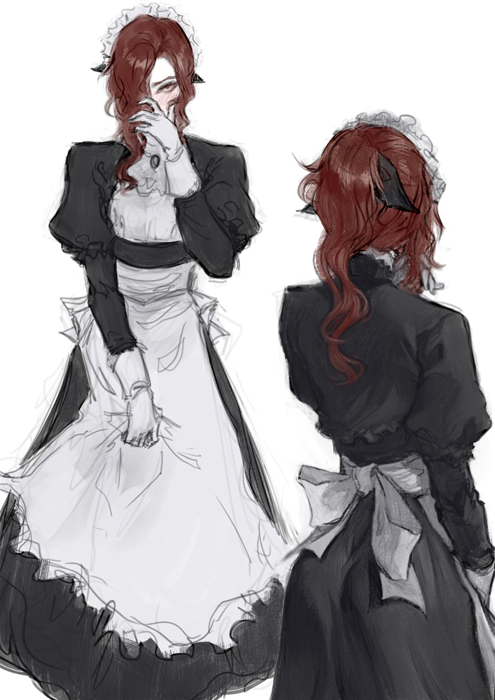 1boy, alternate_costume, crossdressing, crossdressing_(mtf), dress, enmaided, hair_over_one_eye, juliet_sleeves, long_dress, long_hair, long_sleeves, maid, maid_headdress, male_focus, male_maid, multiple_views, nat_the_lich, original, puffy_sleeves, red_eyes, red_hair, renard_beauchene_(nat_the_lich), simple_background, white_background