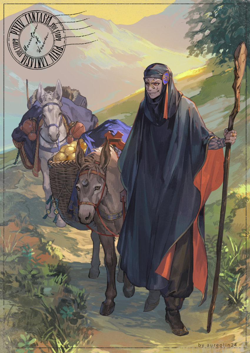 androgynous, artist_name, bedroll, cloak, copyright_name, dark_skin, donkey, fangs