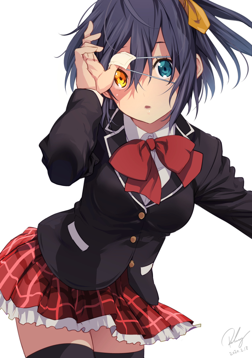 1girl, ahoge, black_hair, black_thighhighs, blazer, blue_eyes, blush, chuunibyou_demo_koi_ga_shitai!, commentary_request, cowboy_shot, dated, eyepatch, eyepatch_lift, frilled_skirt, frills, glowing, glowing_eye, heterochromia, highres, icho_private_high_school_uniform, jacket, looking_at_viewer, one_side_up, plaid_clothes, plaid_skirt, re_lucy, removing_eyepatch, revision, school_uniform, short_hair, signature, simple_background, skirt, solo, takanashi_rikka, thighhighs, white_background, yellow_eyes, zettai_ryouiki
