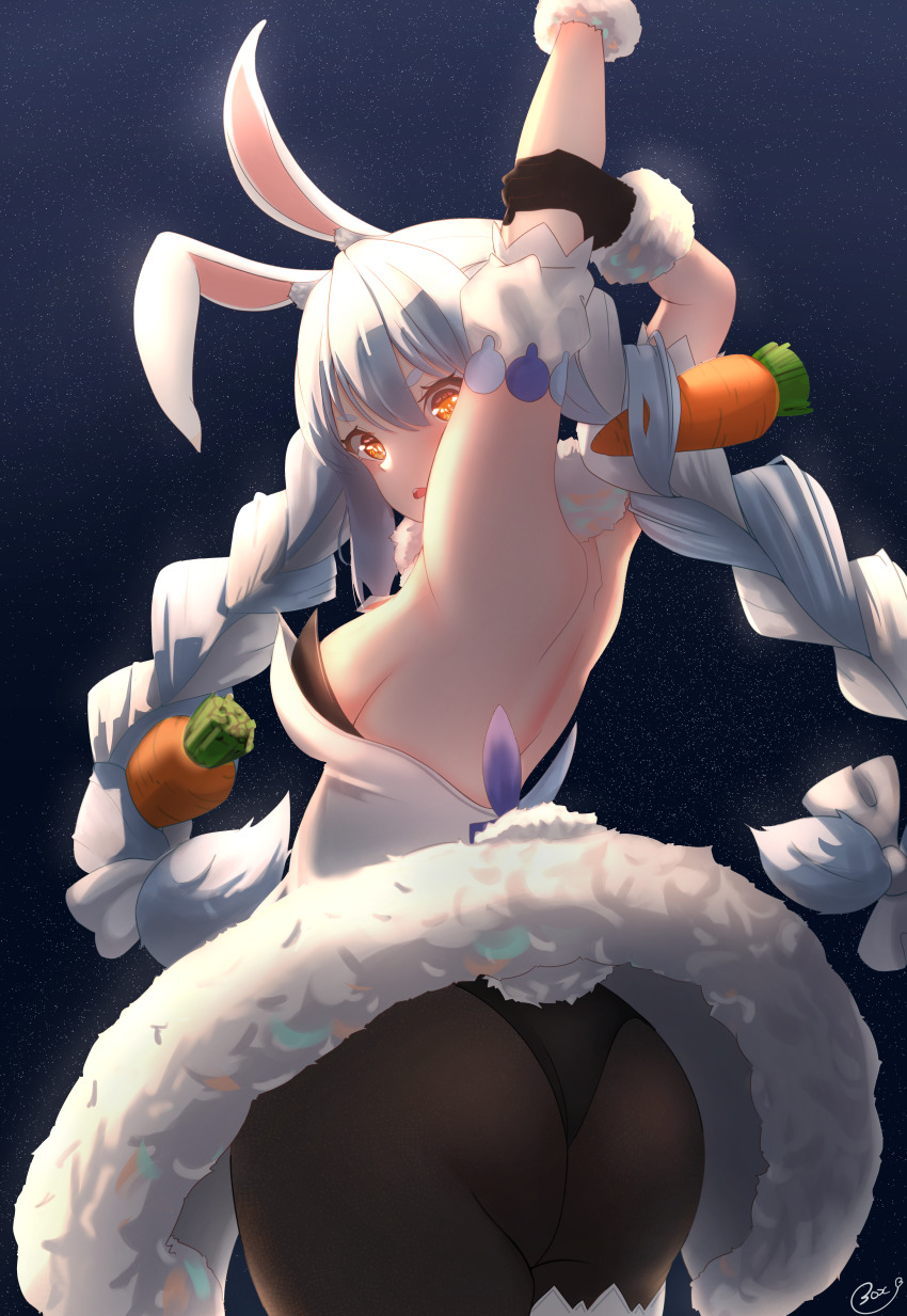 1girl, absurdres, animal_ear_fluff, animal_ears, ass, backless_coat, backless_leotard, bare_back, black_gloves, black_leotard, black_pantyhose, blue_hair, braid, breasts, carrot_hair_ornament, chestnut_mouth, clothing_cutout, coat, coat_dress, cowboy_shot, detached_sleeves, dress, food-themed_hair_ornament, frilled_thigh_strap, from_behind, fur-trimmed_coat, fur-trimmed_gloves, fur_scarf, fur_trim, gloves, hair_between_eyes, hair_ornament, highres, hikimayu, hololive, huge_filesize, legwear_garter, leotard, leotard_pull, leotard_under_clothes, long_hair, looking_at_viewer, mcbox, multicolored_hair, orange_eyes, pantyhose, parted_lips, playboy_bunny, puffy_short_sleeves, puffy_sleeves, rabbit_ears, rabbit_girl, rabbit_tail, scarf, short_eyebrows, short_sleeves, shoulder_blades, single_legwear_garter, small_breasts, solo, strapless, strapless_coat, strapless_dress, strapless_leotard, stretching, surprised, tail, tail_through_clothes, thigh_strap, thighs, twin_braids, twintails, two-tone_hair, usada_pekora, usada_pekora_(1st_costume), virtual_youtuber, white_coat, white_hair, white_scarf, white_sleeves