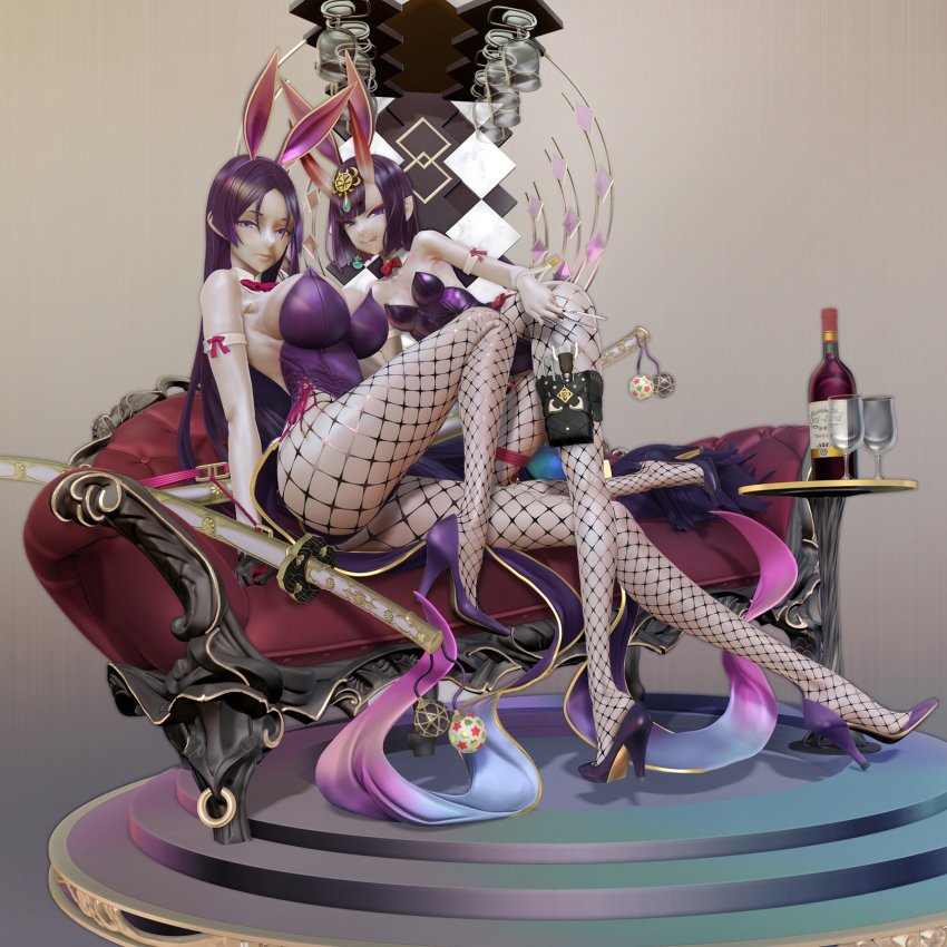 2girls, 3d, animal_ears, breasts, closed_mouth, detached_collar, fake_animal_ears, fate/grand_order