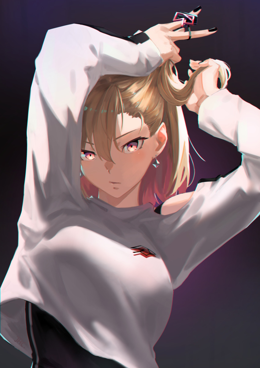 1girl, arms_up, artist_name, ashizawa_saki, black_nails, black_tank_top, blonde_hair, clothing_cutout
