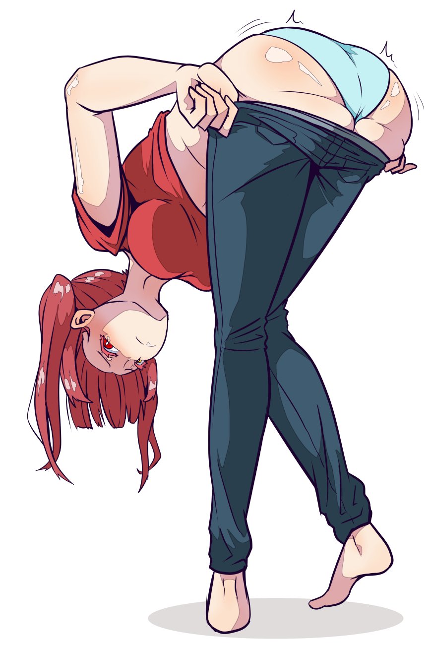 1girl, ^^^, aikohgin, alternate_costume, ass, ass_support, barefoot, blue_panties, breasts, casual, clothes_lift, colored_eyelashes, denim, dressing, full_body, highres, hololive, houshou_marine, jeans, large_breasts, leaning_forward, panties, pants, red_eyes, red_hair, red_shirt, shirt, shirt_lift, simple_background, solo, t-shirt, thighs, tight_clothes, tight_pants, twintails, underwear, virtual_youtuber, white_background