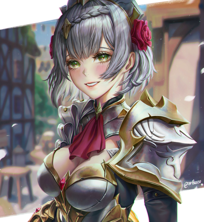 1girl, absurdres, armor, artofkuzu, ascot, blurry, blurry_background, braid, breasts, cleavage, commentary, day, english_commentary, eyelashes, flower, genshin_impact, green_eyes, hair_flower, hair_ornament, highres, looking_at_viewer, noelle_(genshin_impact), outdoors, petals, red_ascot, red_flower, red_rose, rose, short_hair, silver_hair, smile, solo, twitter_username, upper_body