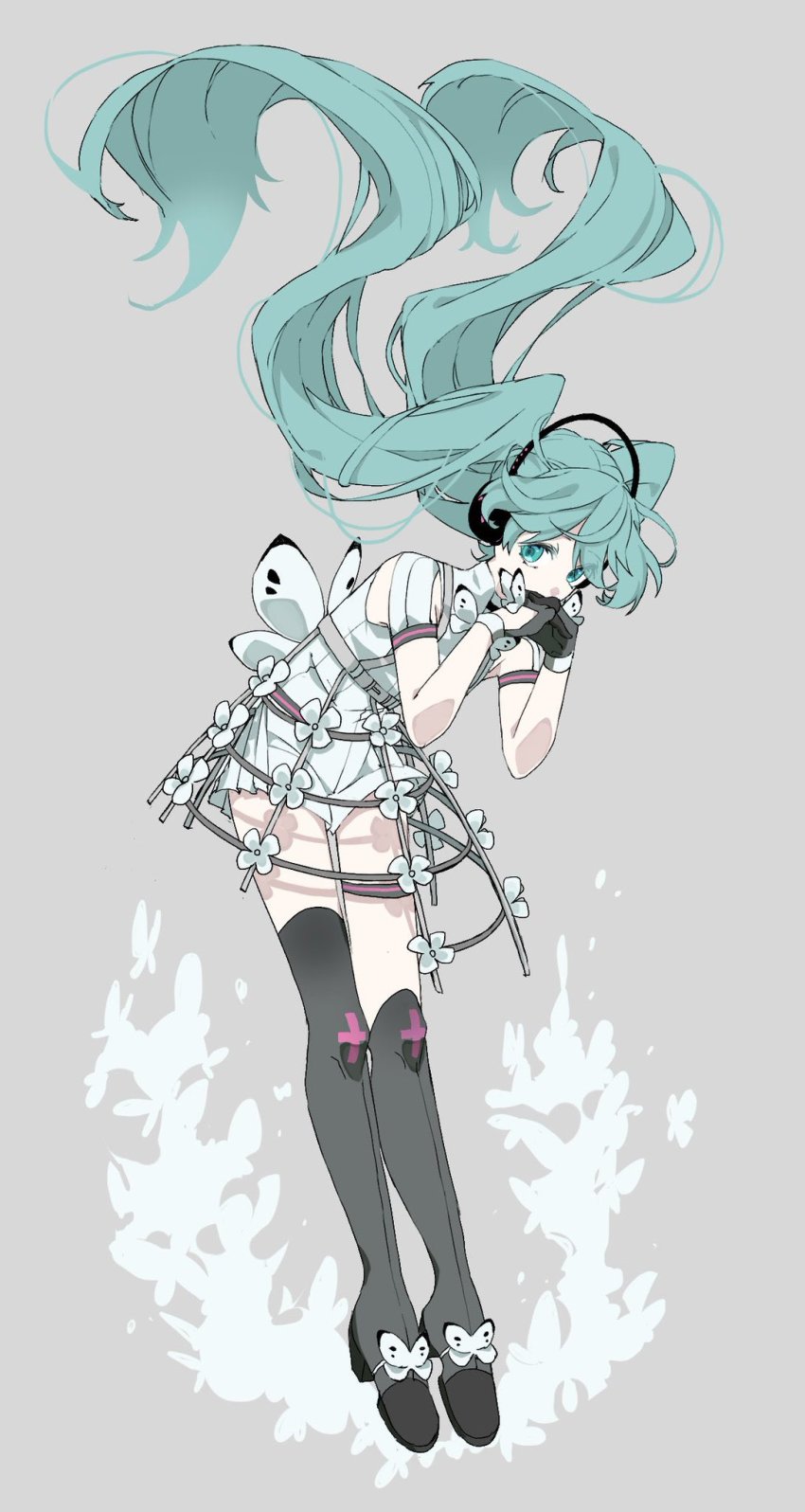 1girl, aqua_eyes, aqua_hair, black_footwear, black_thighhighs, boots, bug, butterfly