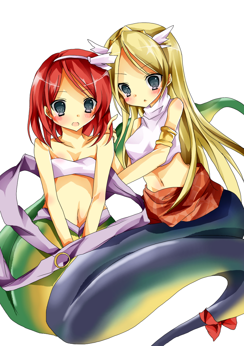 2girls, blonde_hair, bra, echidna_(p&amp;d), highres, lamia, long_hair, monster_girl