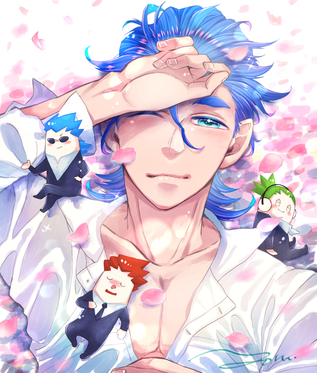 2bro., 3boys, anija_(2bro.), artist_name, blue_hair, chibi, collarbone, everyone