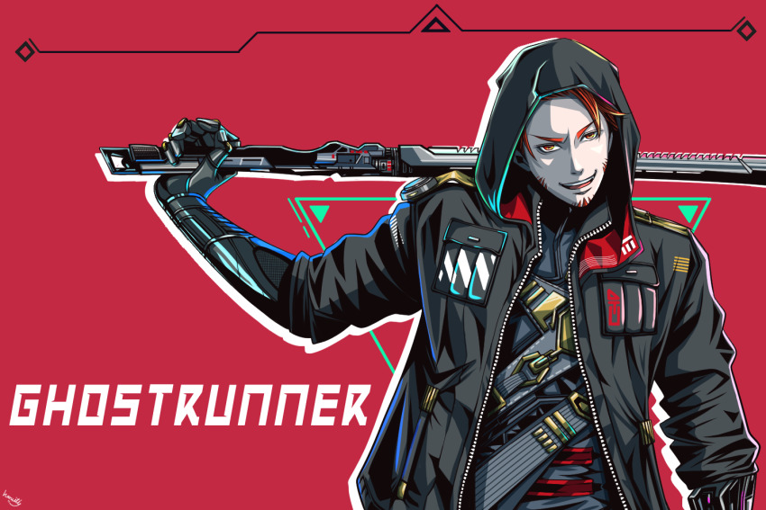 1boy, 2bro., bad_id, bad_pixiv_id, belt, black_jacket, brown_eyes, facial_hair, ghostrunner, haruiti_2, holding, holding_sword, holding_weapon, hood, hooded_jacket, jacket, male_focus, mechanical_arms, open_mouth, otoja, over_shoulder, red_background, red_hair, smile, solo, sword, upper_body, weapon, zipper