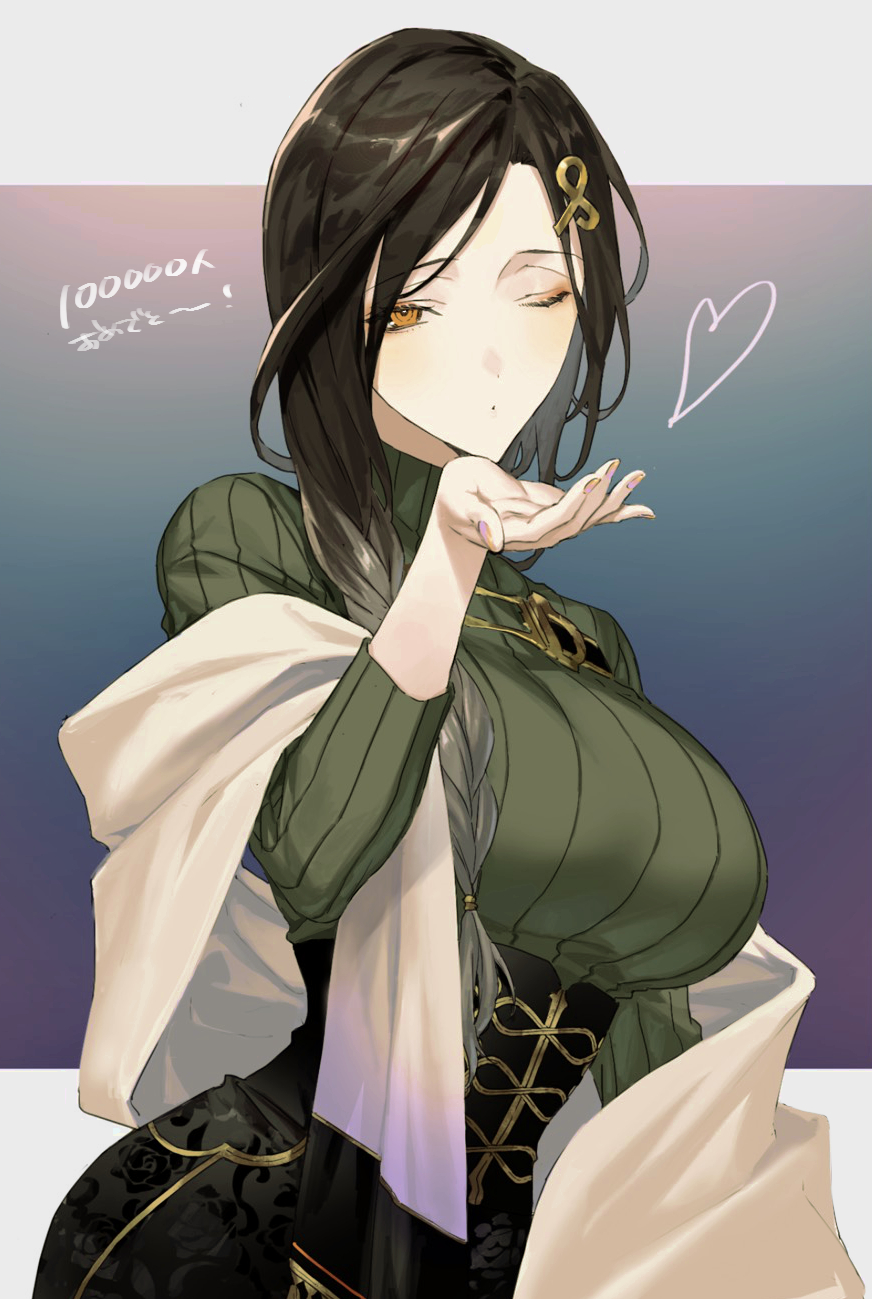 1girl, black_hair, blowing_kiss, breasts, green_sweater, hair_ornament, hairpin, highres