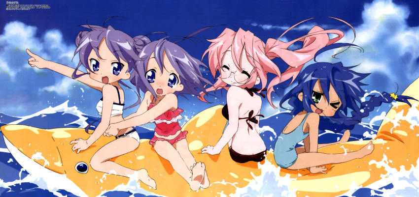 2000s_(style), 4girls, ;3, absurdres, barefoot, bikini, blue_hair, copyright_name, glasses, highres, hiiragi_kagami, hiiragi_tsukasa, izumi_konata, lucky_star, magazine_scan, megami_magazine, multiple_girls, nishiya_futoshi, ocean, official_art, one_eye_closed, pale_skin, pink_hair, purple_hair, riding, riding_shark, scan, swimsuit, takara_miyuki