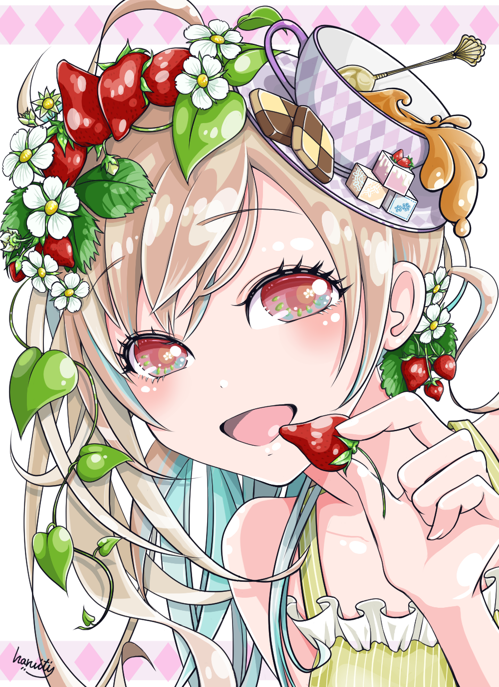 1girl, ahoge, brown_eyes, checkerboard_cookie, cookie, cup, flower, food