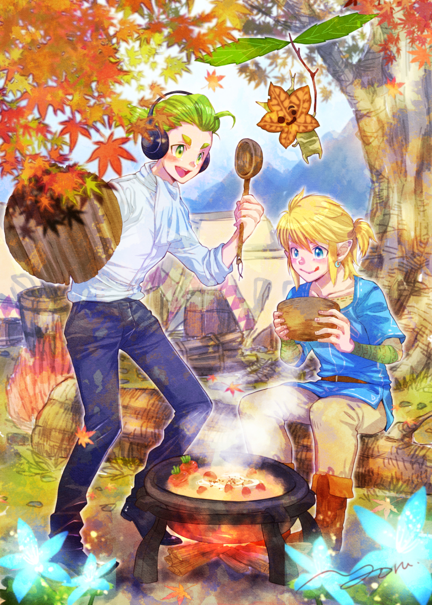 2boys, artist_name, autumn_leaves, blonde_hair, boots, bowl, cooking, fire, flower, green_eyes, headphones, highres, korok, leaf, link, log, male_focus, multiple_boys, nintendo, otsuichi_(2bro.), outdoors, pants, pot, shirt, silent_princess, sitting, spoon, steam, the_legend_of_zelda, the_legend_of_zelda:_breath_of_the_wild, tongue, tongue_out, tree, tunic, white_shirt, yoru_(butterflykixx)