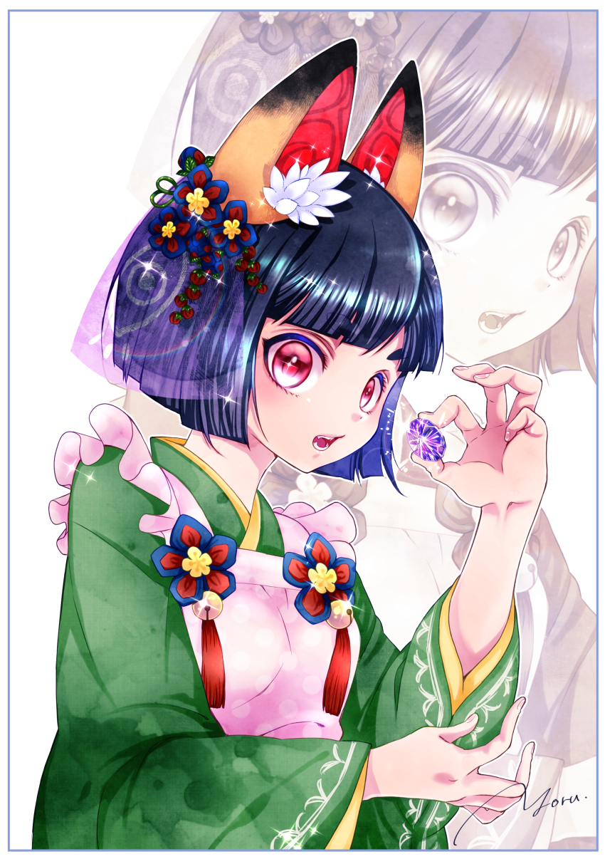 1girl, absurdres, animal_ears, artist_name, black_hair, blunt_bangs, cat_ears, gem, hair_ornament, highres, japanese_clothes, maid, open_mouth, original, red_eyes, short_hair, simple_background, standing, wa_maid, wide_sleeves, yoru_(butterflykixx), zoom_layer