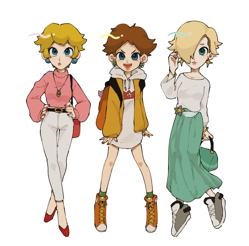 3girls, alternate_costume, alternate_hairstyle, backpack, bag, belt, belt_buckle, blonde_hair, blue_eyes, blue_nails, brown_hair, buckle, casual, contemporary, dress, earrings, hair_over_one_eye, handbag, hands_on_own_hips, highres, hood, hoodie, jacket, jewelry, mario_(series), mimimim9999, multiple_girls, nail_polish, nintendo, open_mouth, orange_nails, princess_daisy, princess_peach, red_nails, rosalina, short_hair, smile, super_mario_bros._1, sweater, turtleneck, turtleneck_sweater, white_background