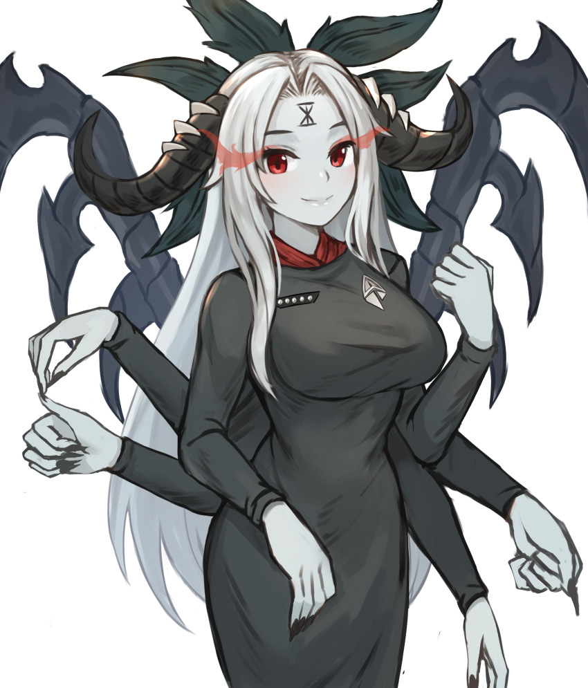 1girl, absurdres, black_nails, breasts, chaos_(warhammer), colored_skin, commentary, commission, demon_girl, demon_horns, english_commentary, enteka_(khornette_quest), extra_arms, facial_mark, fingernails, flaming_eyes, forehead_mark, grey_skin, hair_intakes, highres, horns, khornette_quest, large_breasts, long_hair, long_sleeves, monster_girl, nail_polish, parted_bangs, pixiv_commission, red_eyes, sharp_fingernails, simple_background, smile, solo, sookmo, star_trek, very_long_hair, warhammer_40k, white_background