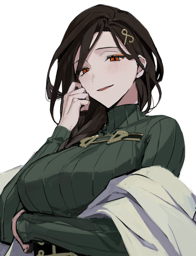 1girl, black_hair, breasts, green_sweater, hair_ornament, hairpin, large_breasts, long_hair