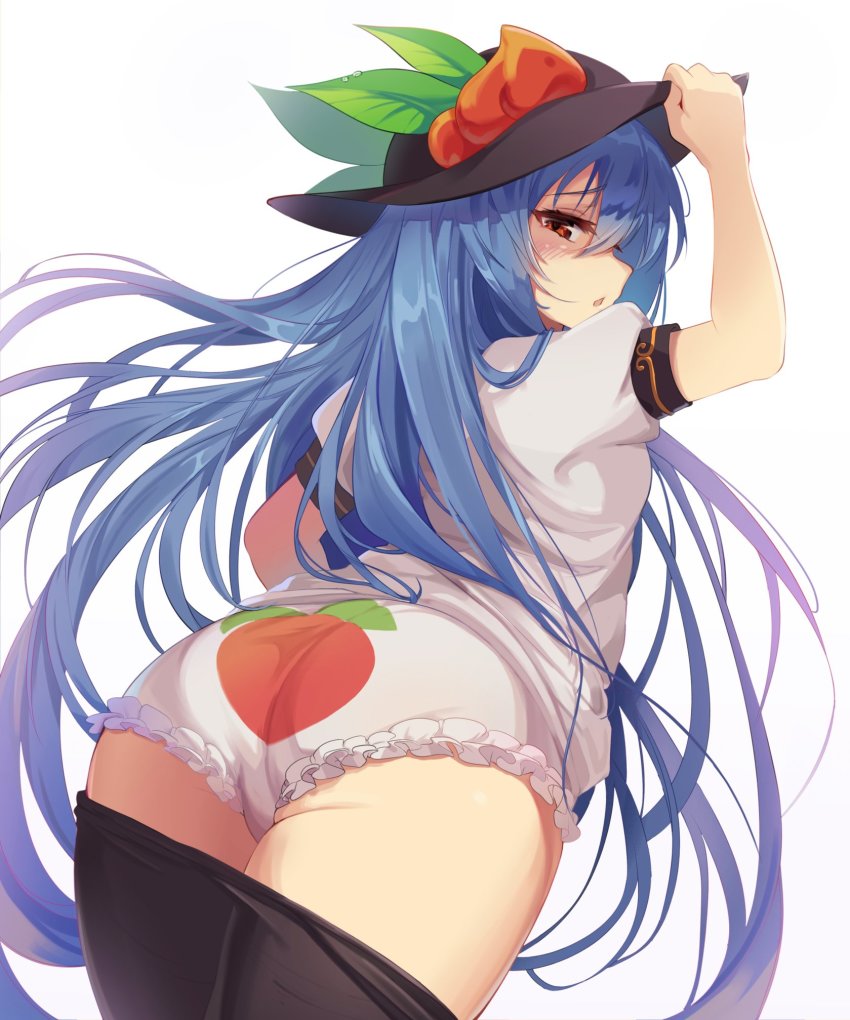 1girl, adjusting_clothes, adjusting_headwear, arm_up, ass, ass_focus, black_hat, black_pantyhose