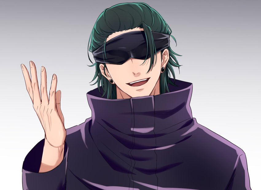 1boy, black_hair, black_jacket, blindfold, cosplay, covered_eyes, ear_piercing, facing_viewer