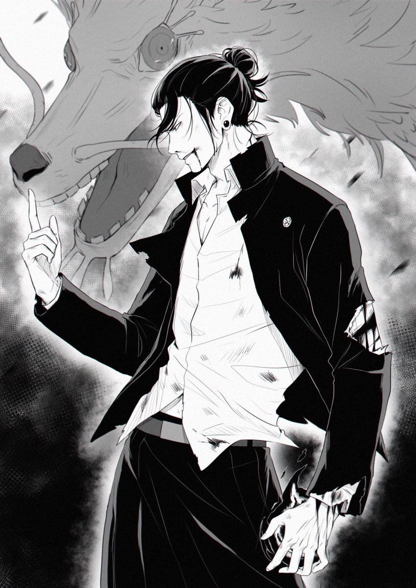 1boy, bleeding, blood, blood_on_clothes, blood_on_face, closed_mouth, cowboy_shot, ear_piercing