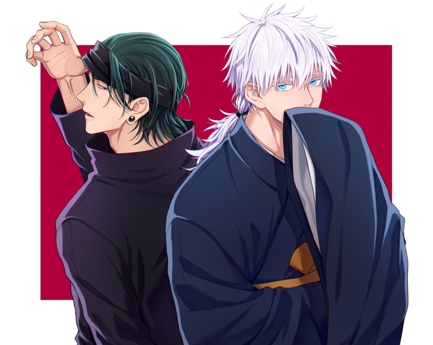 2boys, absurdres, arm_up, black_eyes, black_hair, black_jacket, black_kimono, blindfold