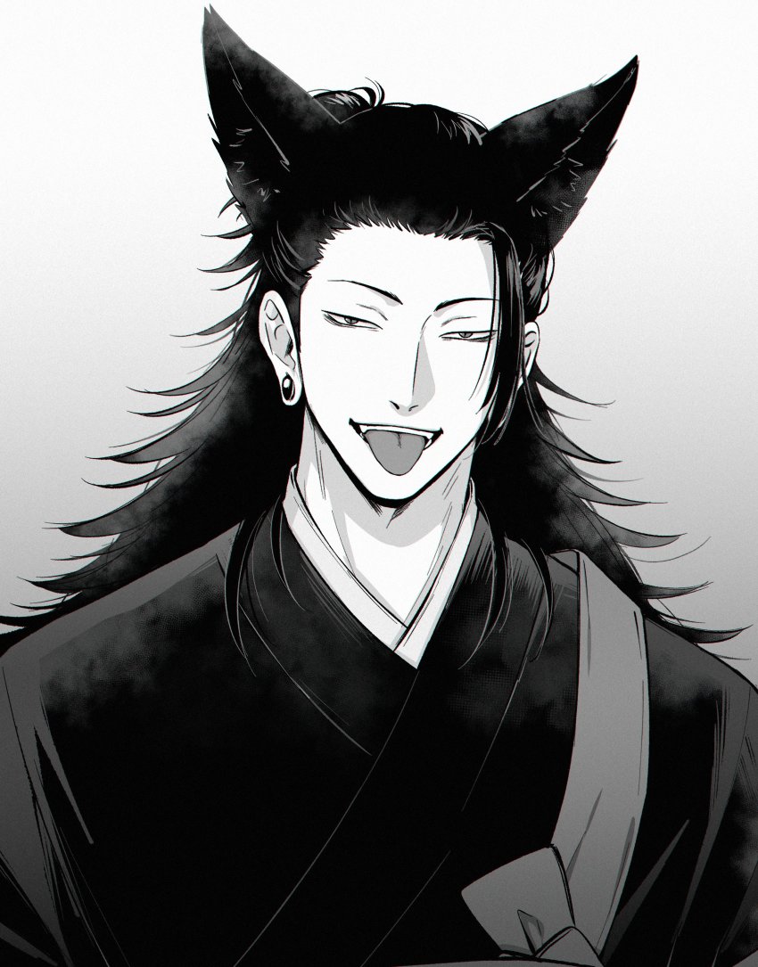 1boy, absurdres, animal_ears, cat_boy, cat_ears, ear_piercing, geto_suguru, greyscale