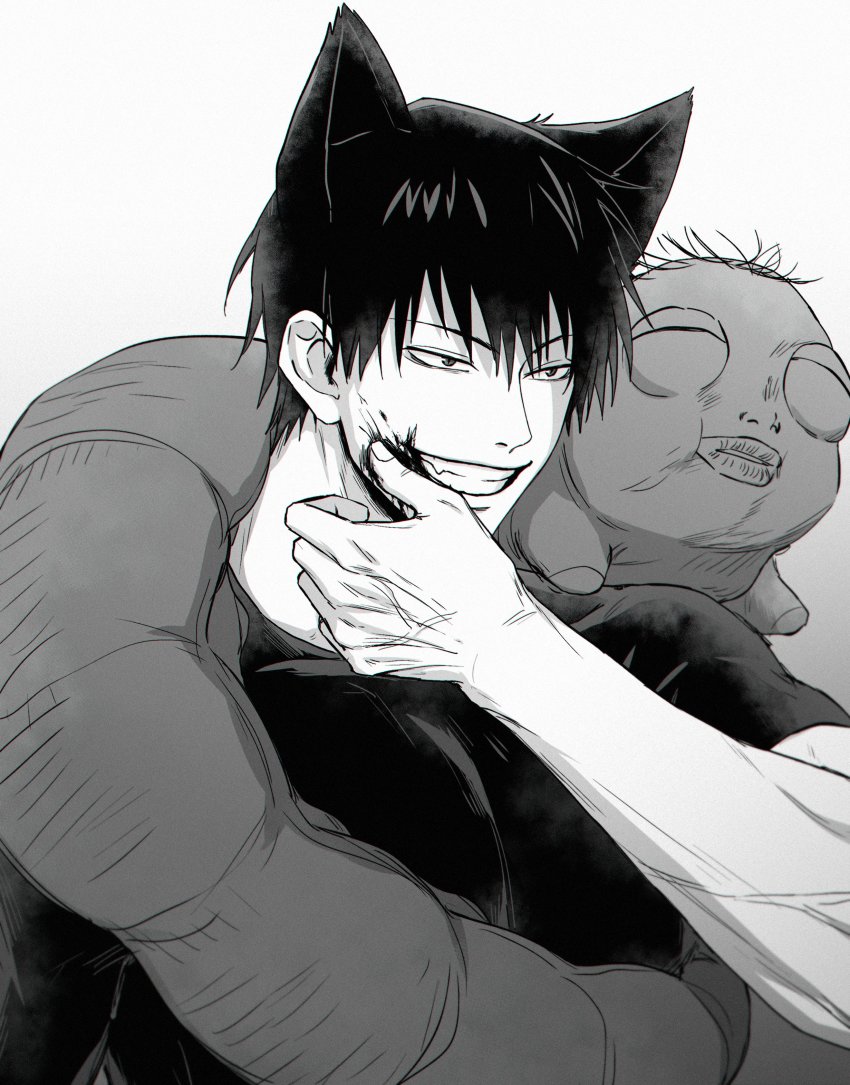 1boy, absurdres, animal_ears, blood, blood_on_face, cat_boy, cat_ears, fushiguro_toji, greyscale, grin, hair_between_eyes, hand_up, highres, inventory_curse_(jujutsu_kaisen), jujutsu_kaisen, looking_away, male_focus, monochrome, monster, shirt, short_hair, short_sleeves, simple_background, smile, solo, upper_body, xxhane