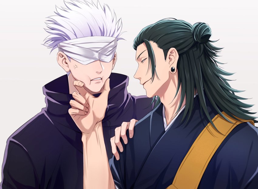 2boys, anger_vein, bandages, bandages_over_eyes, black_hair, black_jacket, black_kimono, closed_mouth