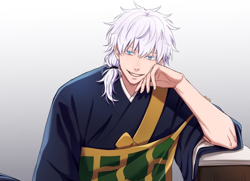 1boy, black_kimono, blue_eyes, colored_eyelashes, cosplay, geto_suguru_(cosplay), geto_suguru, gojo_satoru