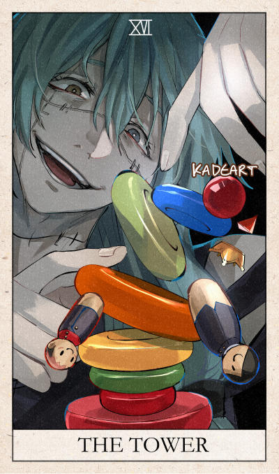 1boy, arm_up, artist_name, bags_under_eyes, ball, beige_border, blue_eyes, blue_hair