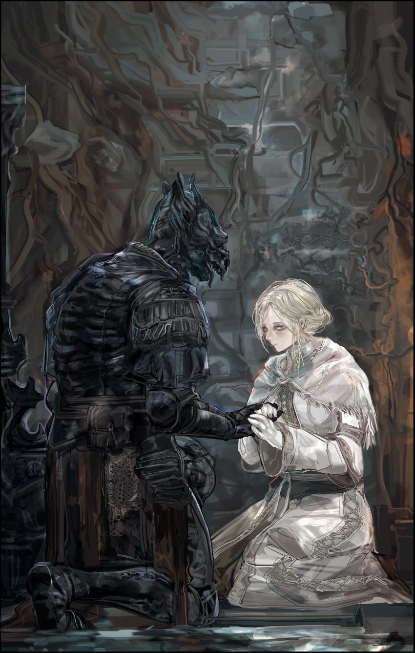 1boy, 1girl, absurdres, armor, black_armor, blonde_hair, breastplate, capelet, closed_mouth, dark_souls_(series), dark_souls_iii, eygon_of_carim, full_armor, full_body, gauntlets, gloves, greaves, grey_eyes, helmet, highres, holding_hands, irina_of_carim, kneeling, knight, long_sleeves, mace, nslacka, on_one_knee, parted_bangs, planted, robe, short_hair, smile, weapon, white_capelet, white_gloves, white_robe
