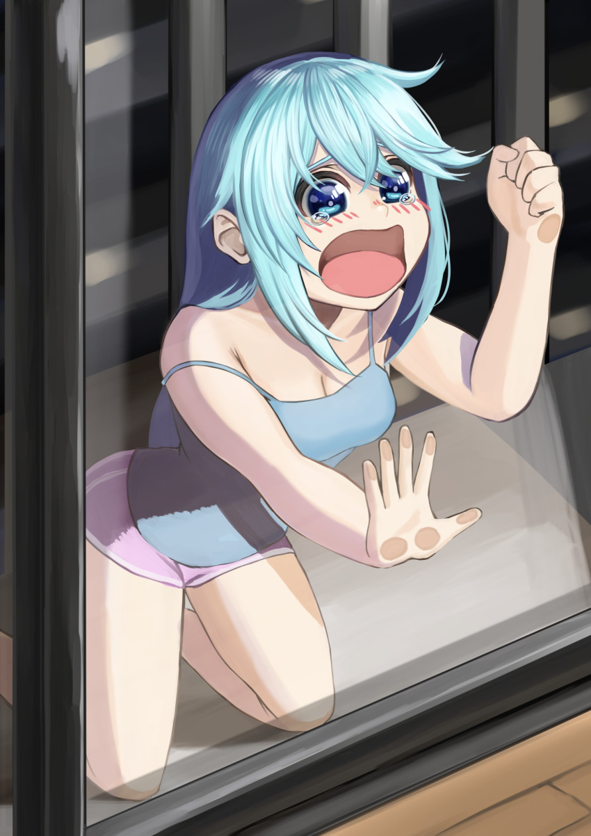 1girl, against_glass, aqua_(konosuba), bare_arms, bare_legs, bare_shoulders, blue_eyes, blue_hair, blue_tank_top, blush, breasts, camisole, cleavage, commentary_request, contemporary, hair_down, highres, izawa_(bhive003), kneeling, kono_subarashii_sekai_ni_shukufuku_wo!, locked_outside, long_hair, medium_breasts, open_mouth, outdoors, panties, pink_shorts, shorts, solo, strap_slip, tank_top, told_you_not_to_do_that, underwear