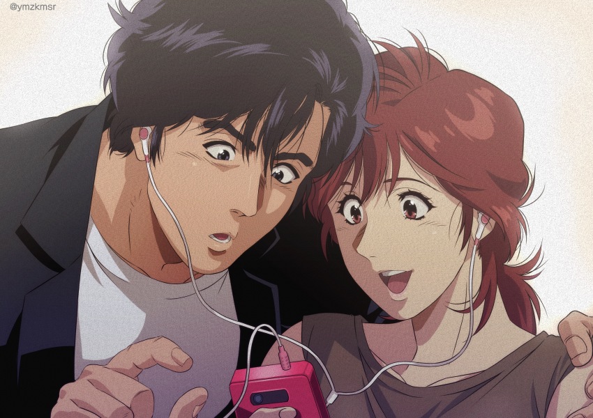 1boy, 1girl, :o, black_eyes, black_hair, black_jacket, brown_eyes, brown_hair