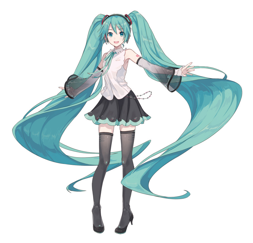 1girl, absurdly_long_hair, aqua_eyes, aqua_hair, aqua_nails, aqua_ribbon, bare_shoulders, black_skirt
