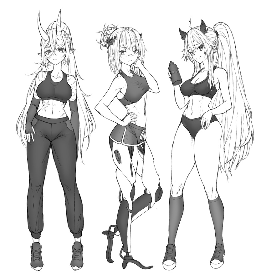 3girls, akumi_(yoclesh), alternate_costume, android, breasts, commentary, english_commentary, greyscale