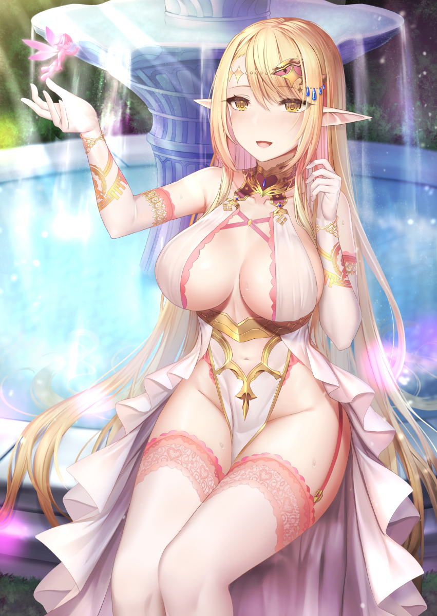 1girl, arm_up, bare_shoulders, blonde_hair, breasts, cleavage, collarbone, dress, elf, fairy, fountain, garter_straps, gold_trim, groin, headdress, highres, large_breasts, long_hair, mizuya_nao, no_bra, no_panties, original, pelvic_curtain, pointy_ears, revealing_clothes, sitting, solo, thighhighs, thighs, very_long_hair, wet, white_dress, white_thighhighs, yellow_eyes